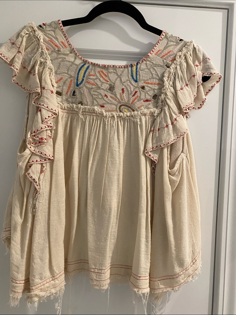 Free People Cream Embroidered Ruffle Boho Top